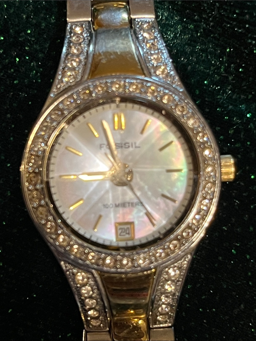 Fossil Gold-Tone Crystal Accent Bracelet Watch with Mother-of-Pearl Dial